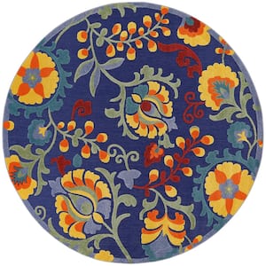Aloha Navy Multicolor 5 ft. x 5 ft. Floral Contemporary Round Indoor/Outdoor Area Rug