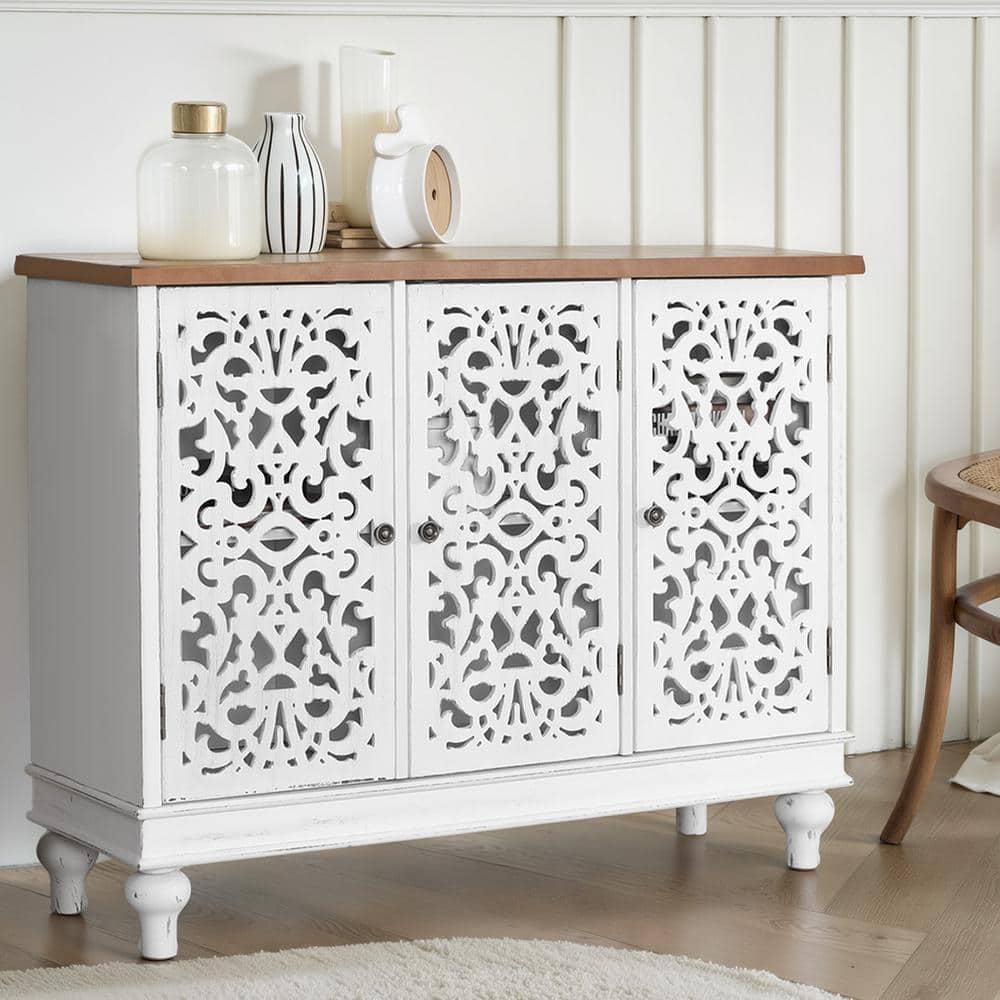 White 3-Door Carved Wood Sideboard with Adjustable Shelving