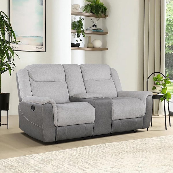 Lazzara Center Hill 76 in. W Gray Chenille and Faux Leather Manual Double Reclining 2-Seater Loveseat with Center Console