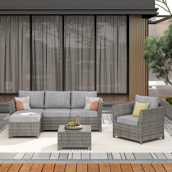 XIZZI Bella Gray 6-Piece Wicker Outdoor Sectional Set with Denim