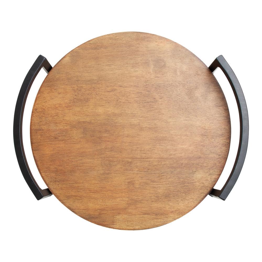 Rustic Brown Rubberwood Round Tray with Metal Handles