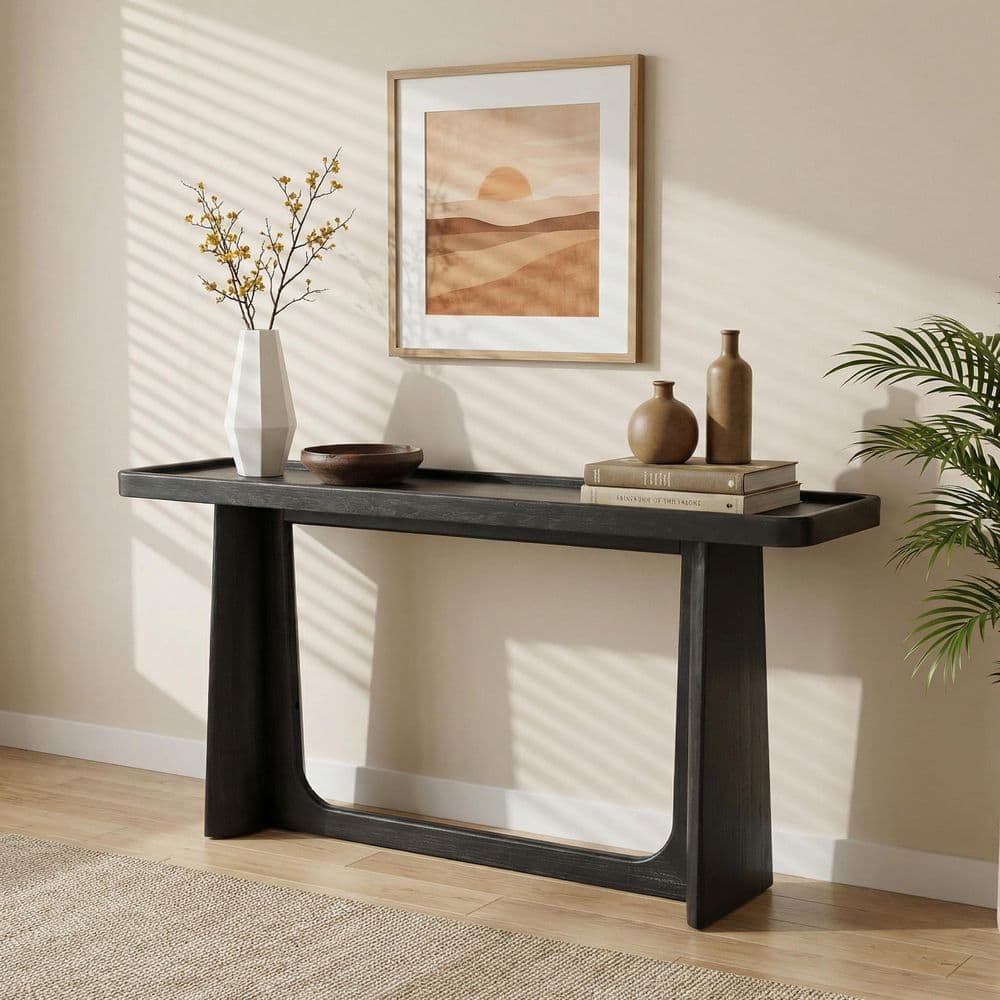 Black 58 in. Farmhouse Rectangle Solid Wood Console Table with Tray-Top Design for Entryway and Living Room