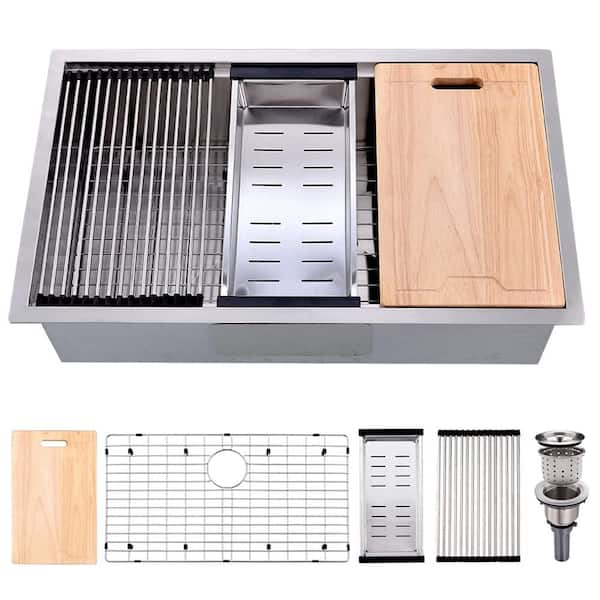 30 in. Dual Mount Single Bowl 16 Gauge Brushed Nickel Stainless Steel Workstation Sink with Grid Set