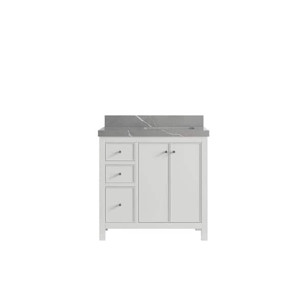 Willow Collections Chicago 36 in. Right Offset Sink Freestanding White Bath Vanity with Piatra Gray Qt. Top Unassembled