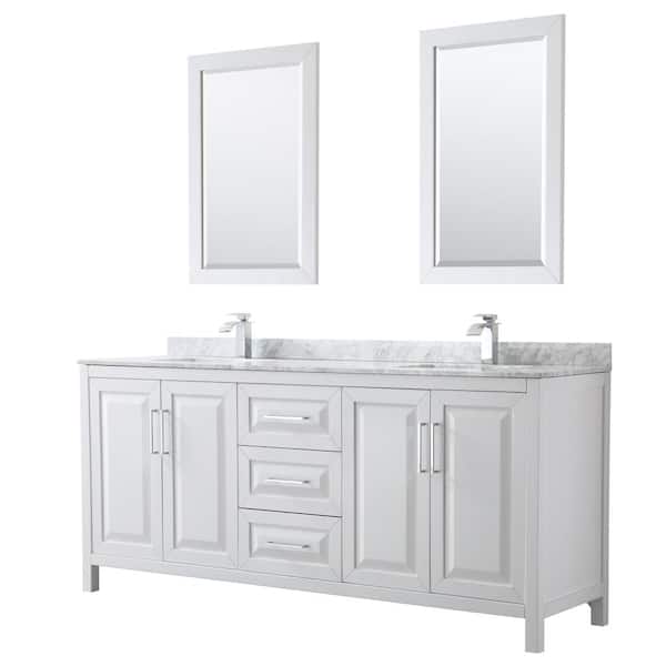 Wyndham Collection Daria 80 in. Double Bathroom Vanity in White with Marble Vanity Top in Carrara White and 24 in. Mirrors