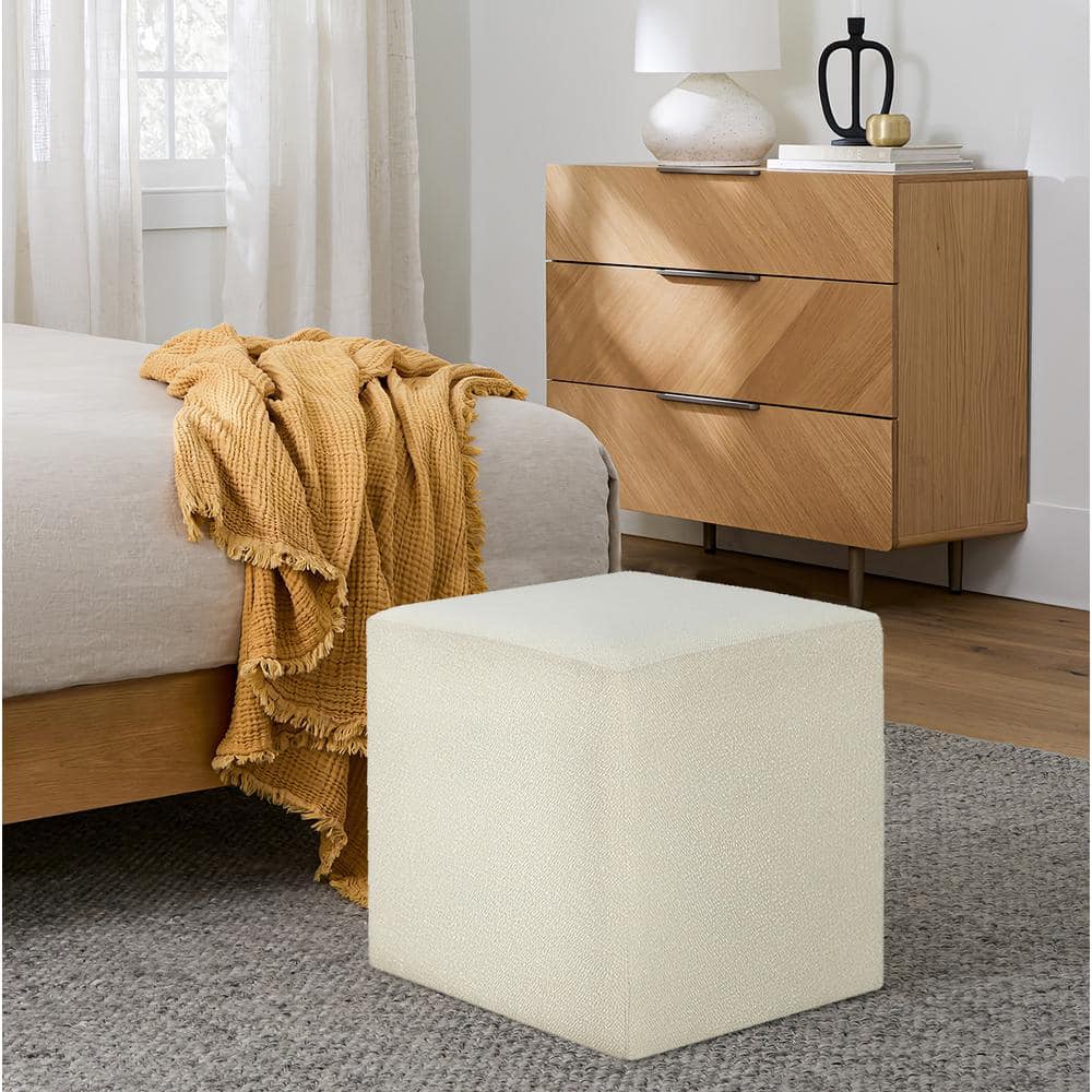 Ivory Boucle Square Ottoman with Rubberwood Frame