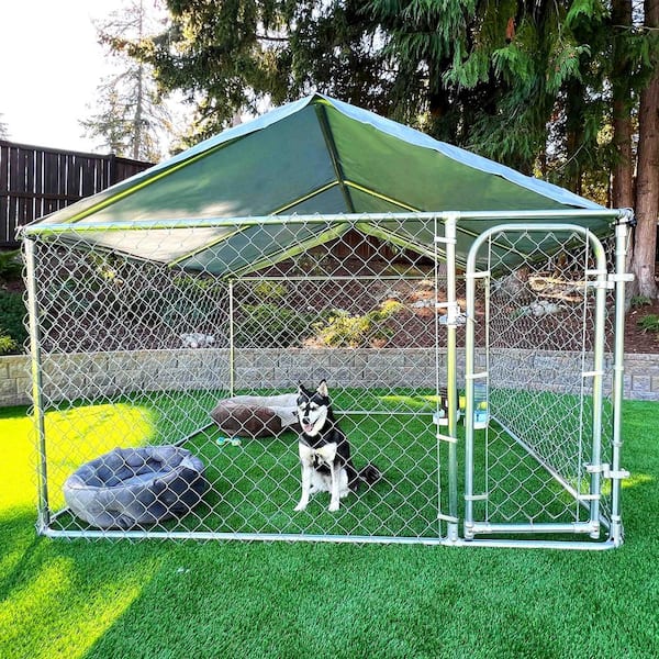 Aleko Dog Kennel 7.5 x 7.5 x 4 Feet DIY Chain Link Box Kennel with Roof Frame and Gray Tarp Size 7x7x4