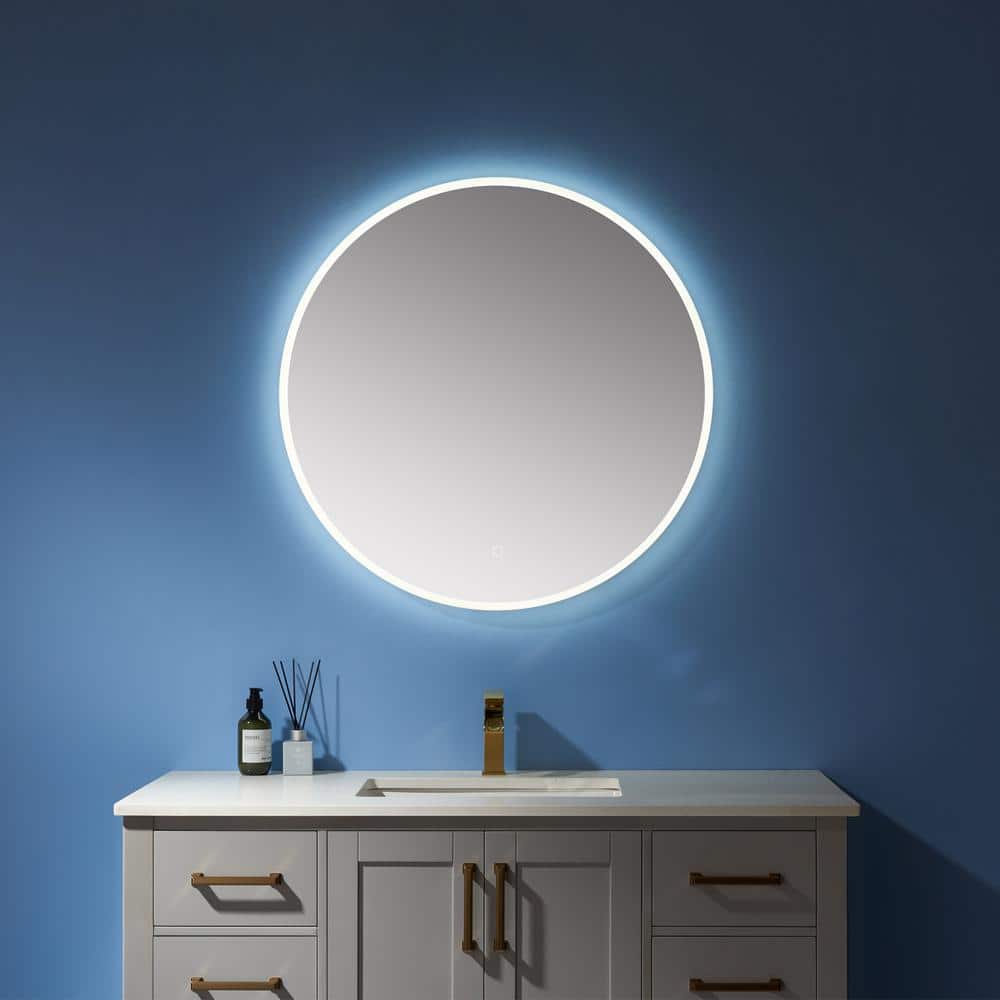 Century 32" Brushed Aluminum Frameless Round Vanity Mirror with LED
