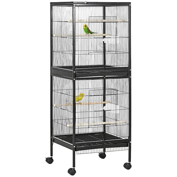 55 in. Black Large Bird Cage with 4-Doors, Perches, Slide-Out Trays, Containers and 4-Wheels, Durable Bird House
