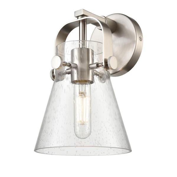 Innovations Pilaster II Cone 6.5 in. 1-Light Satin Nickel Wall Sconce with Glass Shade