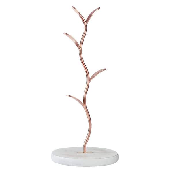4-Hook Rose Gold Finish Leaf Shaped Mug Tree with Solid Wood Base Coffee Tea Cup Holder Stand for Countertop Organizer