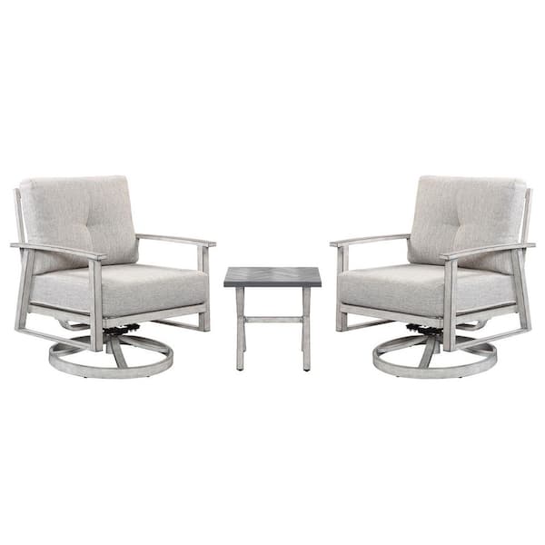 Light Gray 3-Piece Aluminum Outdoor Patio Conversation Sofa Set with Swivel Sofa and Gray Cushions