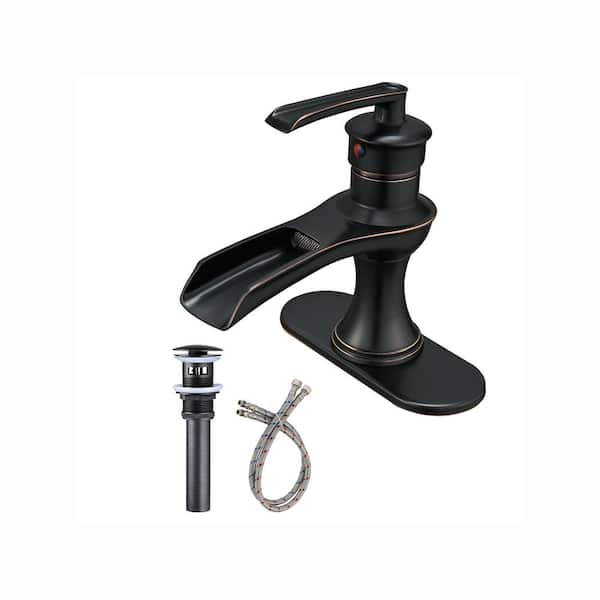 FORCLOVER Single-Handle Low-Arc Single Hole Waterfall Bathroom Faucet with Pop-Up Drain Assembly in Oil Rubbed Bronze