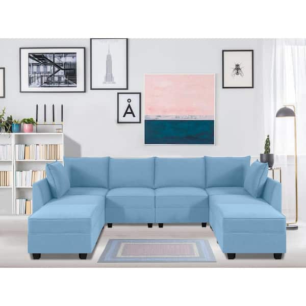 HOMESTOCK 112.8 in Modern 6-Seater Upholstered Sectional Sofa with Double Ottoman - Robin Egg Blue Linen for Living Room/Office