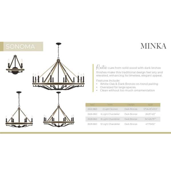 Minka Lavery - Sonoma 6-Light Dark Bronze with Natural Solid Oak Wood Wagon Wheel Chandelier for Dining Room, Kitchen No Bulbs Included