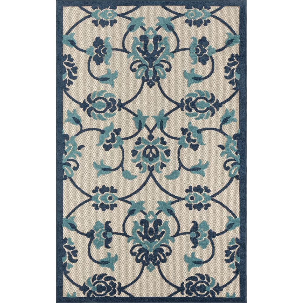 Clyde Floral Navy Blue/Off-White 2 ft. x 3 ft. Damask High-Low Polypropylen