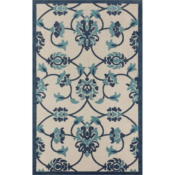 Clyde Floral Navy Blue/Off-White 2 ft. x 3 ft. Damask High-Low Polypropylene Indoor/Outdoor Area Rug