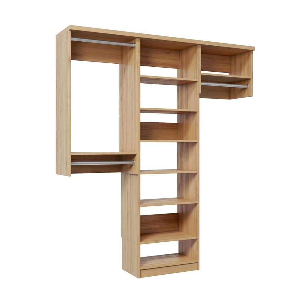 58.5 in. W Natural Oak Reach-in Floor-Mount 3-Rod 8-Shelf Wood Closet System