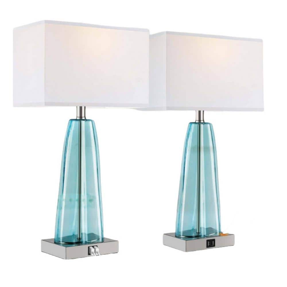 2-Pack 25 in. H Blue Green Glass Table Lamp with 2 USB Ports and Touch Cont
