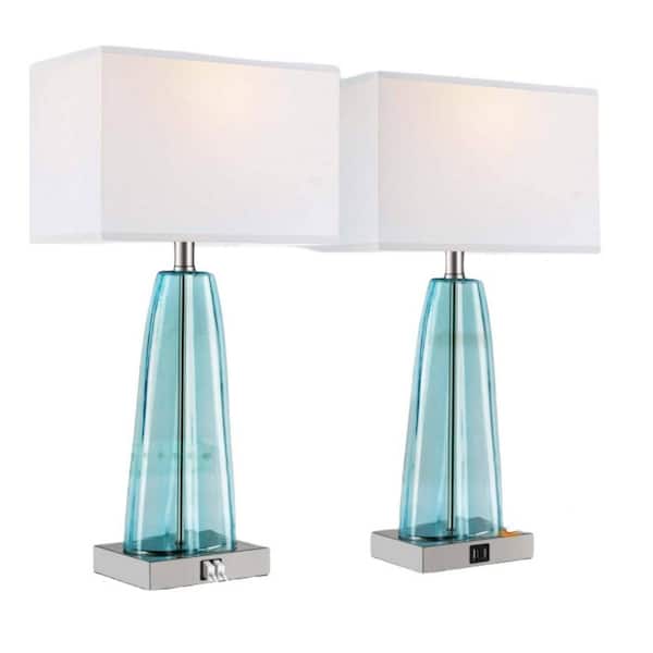 Unbranded 2-Pack 25 in. H Blue Green Glass Table Lamp with 2 USB Ports and Touch Control Nightstand Lamps(LED Bulbs Included)