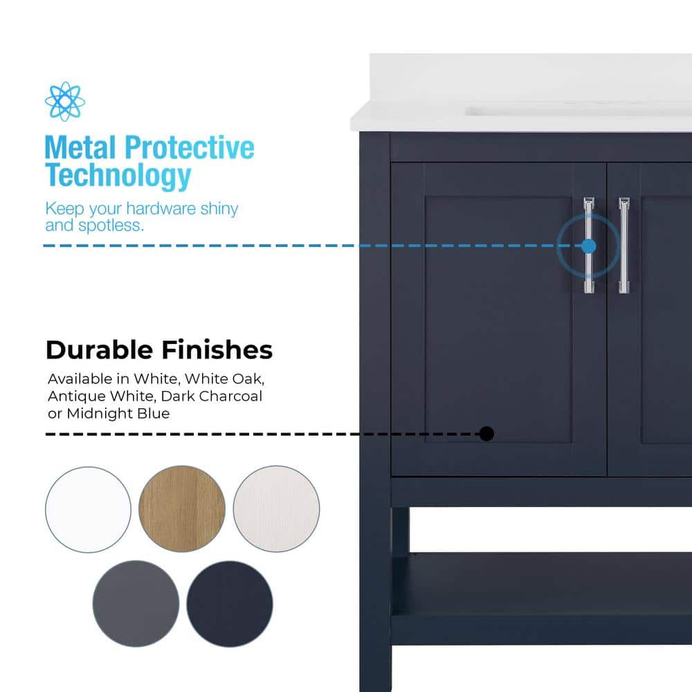 Midnight Blue Freestanding Bathroom Vanity with Marble Top, 30 Inch