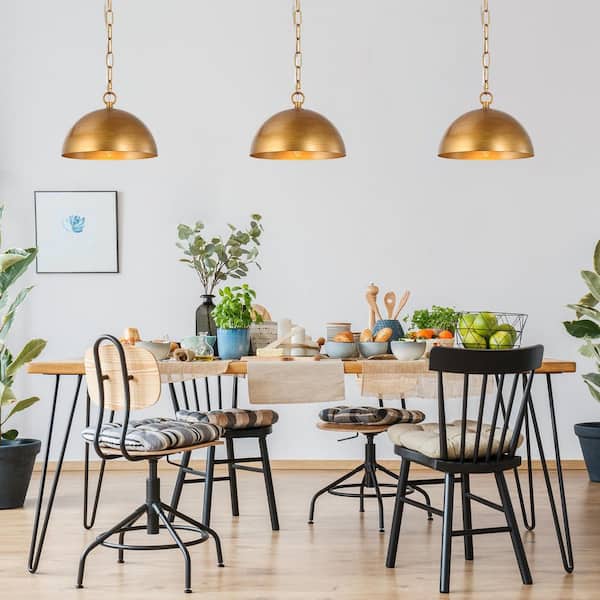 Farmhouse Brushed Gold Bowl Dining Room Pendant Light, 10 in. Modern Industrial 1-Light Dome Kitchen Island Hanging Lamp