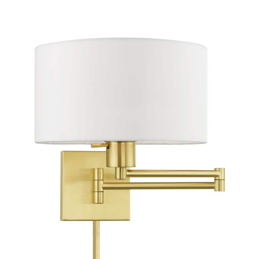 Satin Brass Swing Arm Wall Lamp with Off-White Shade