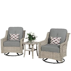 Eureka Grey 3-Piece Wicker Outdoor Patio Conversation Swivel Rocking Chair Seating Set with Dark Grey Cushions