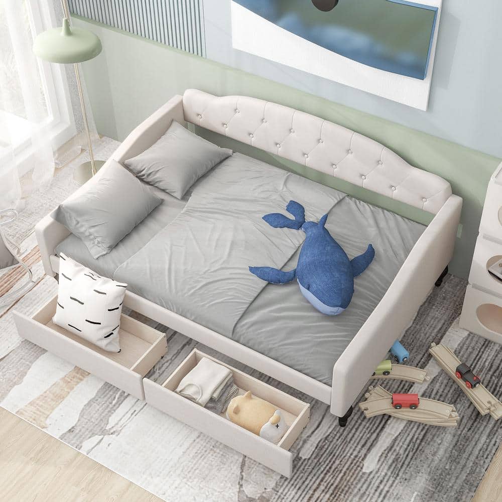 Button-Tufted Beige Wood Frame Full Size Upholstered Daybed with 2-Drawer, Gourd-Shaped Legs, Additional Support Legs price history on PriceWatchPro
