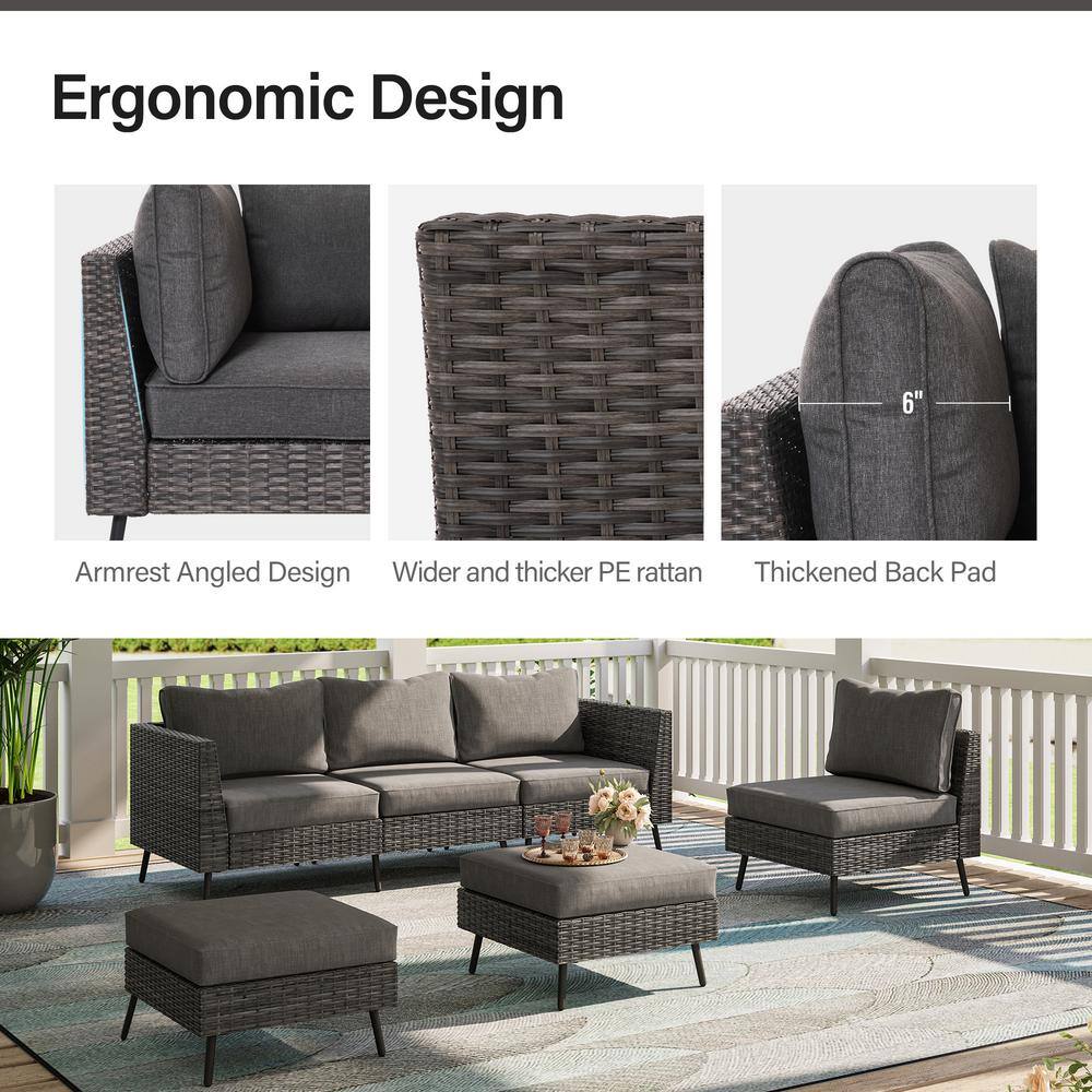Gray 6-Piece PE Wicker Patio Conversation Set with Cushions