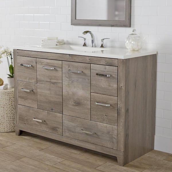 Home Decorators Collection Oracle 48 in. W x 19 in. D x 33 in. H Single Sink  Bath Vanity in White Washed Oak with White Cultured Marble Top