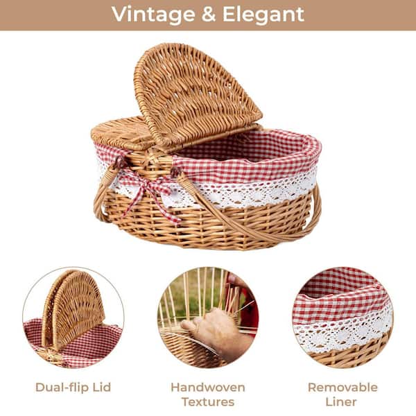 Wudkey Red Lining Natural Willow Picnic Basket with Lid and Handle