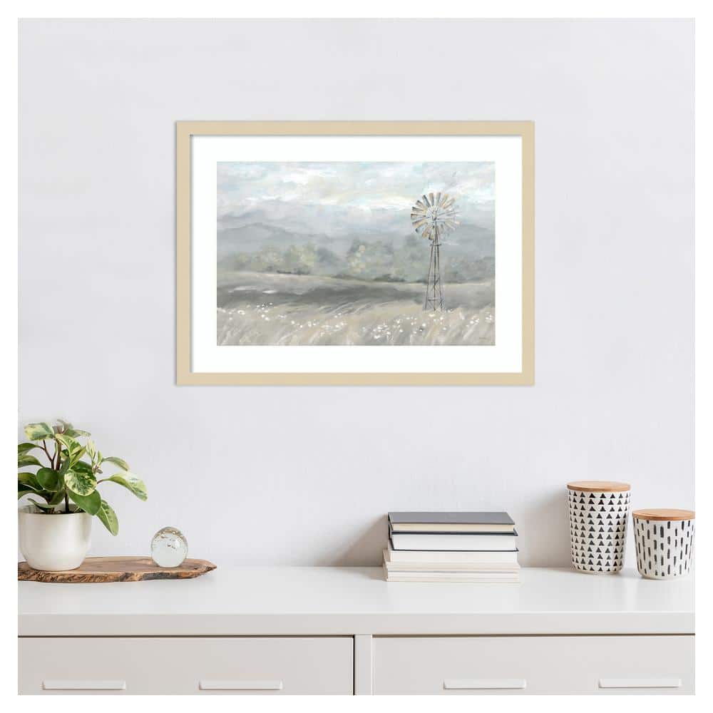 Country Meadow Windmill Framed Scenic Landscape Print in Natural Wood