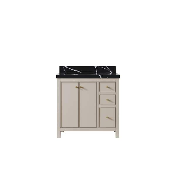 Willow Collections Chicago 36 in. Left Offset Sink Freestanding Fine Grain Bath Vanity with Calacatta Black Qt. Top Unassembled