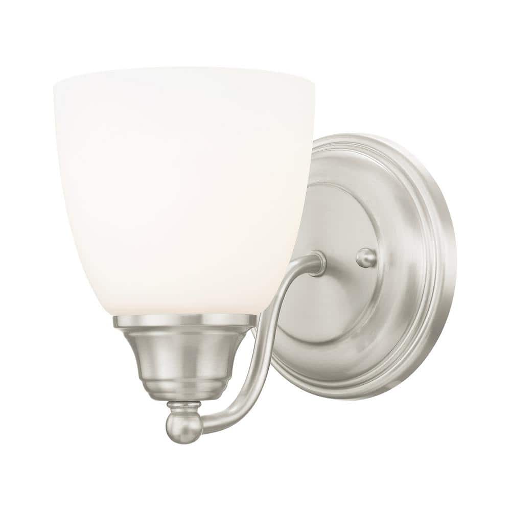 Beaumont 5.375 in. 1-Light Brushed Nickel Wall Sconce with Satin Opal White