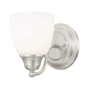 Beaumont 5.375 in. 1-Light Brushed Nickel Wall Sconce with Satin Opal White Glass