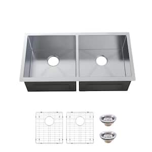 Professional Zero Radius 32 in. Undermount 50/50 Double Bowl 16 Gauge Stainless Steel Kitchen Sink with Accessories