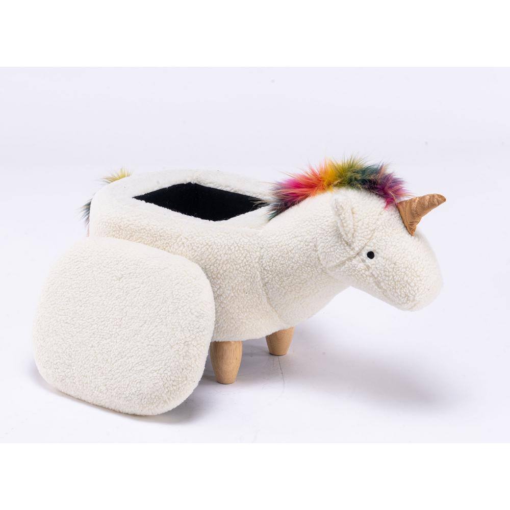 White and Multicolor Unicorn Fabric Storage Ottoman