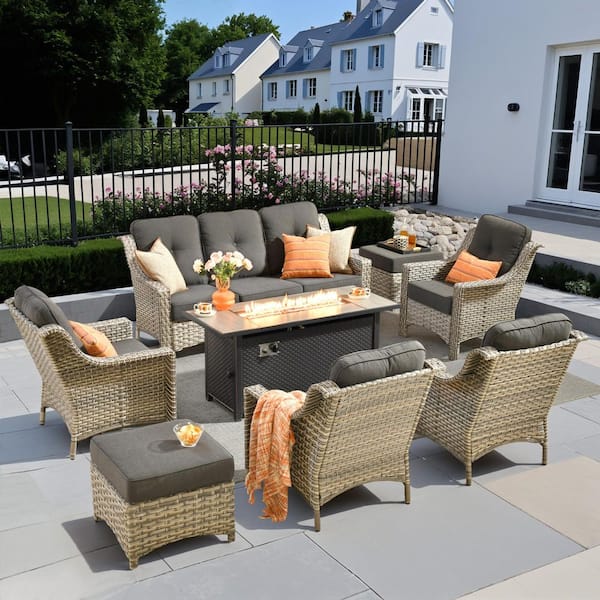 Eureka 8-Piece Wicker Outdoor Fire Pit Patio Conversation Sofa Chairs Set with Ottomans and Black Cushions