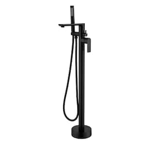 2-Handle Freestanding Tub Faucet with Hand Shower Brass Floor Mount Tub Filler in Matte Black