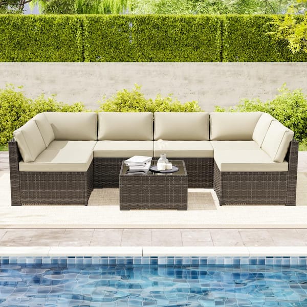 JOYSIDE 7-Piece Brown Wicker Outdoor Patio Sectional Set with Beige Cushions