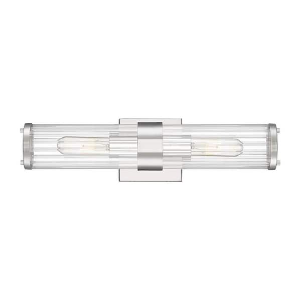 Allison 18 in. 2-Light Polished Nickel Industrial Vanity Light with Clear Ribbed Glass Shades