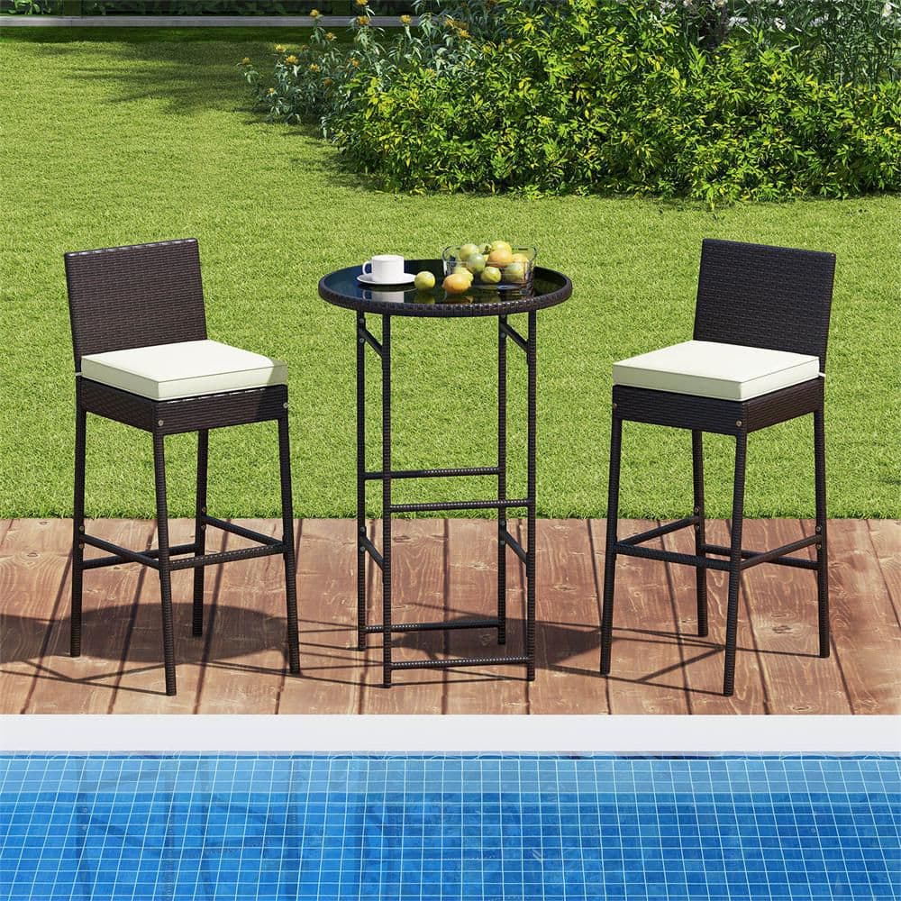 3 Piece Outdoor Bar Set Patio Rattan Bar Height Table & Chairs with  Glass Tabletop price history on PriceWatchPro