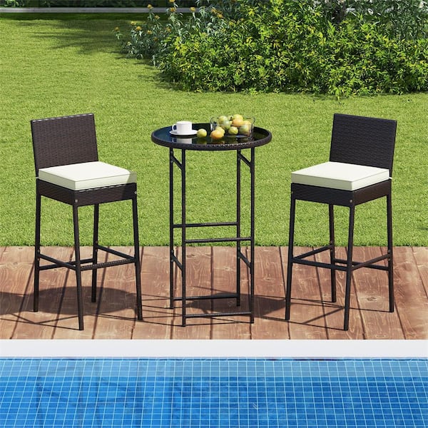 3 Piece Outdoor Plastic Metal Bar Set Patio Rattan Bar Height Table and Chairs with  Glass Tabletop in Off White