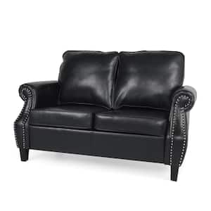 Elwick 58 in. Midnight Black/Dark Brown Faux Leather 2-Seat Loveseat with Nailhead Trim
