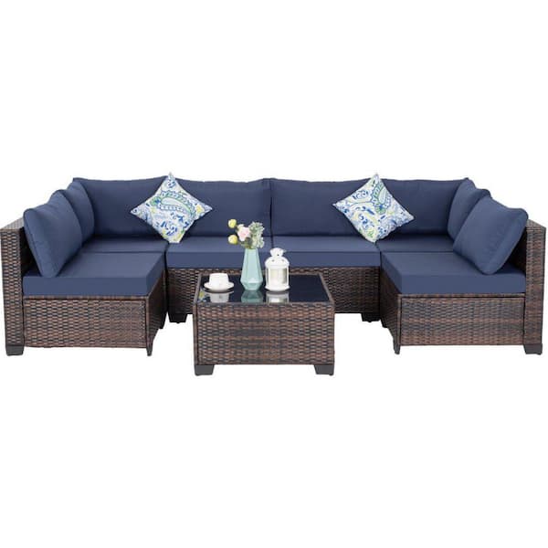 MIRAFIT Black 7-Piece Wicker Outdoor Dining Set with Blue Cushion