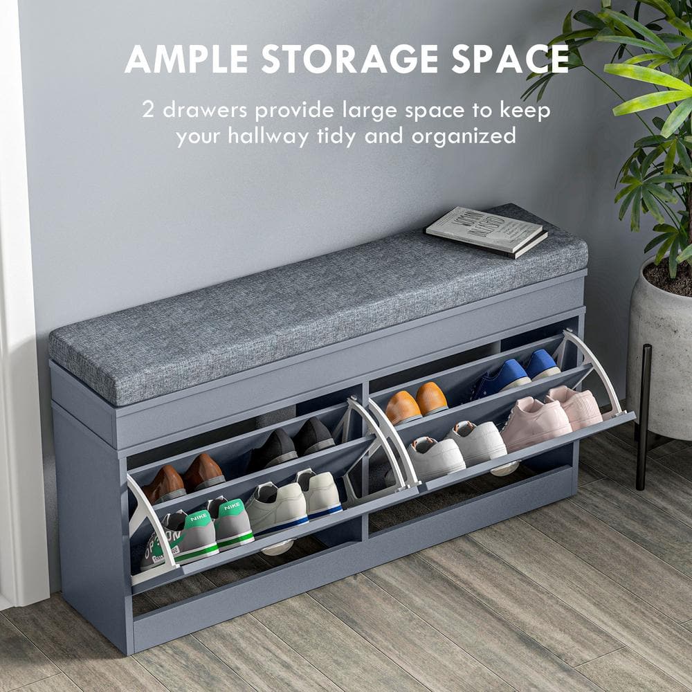 Gray Modern Shoe Rack Bench with Cushion and Storage Drawers