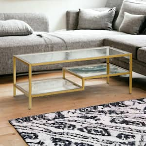 45 in. Gold Rectangle Glass Coffee Table with Shelves Storage