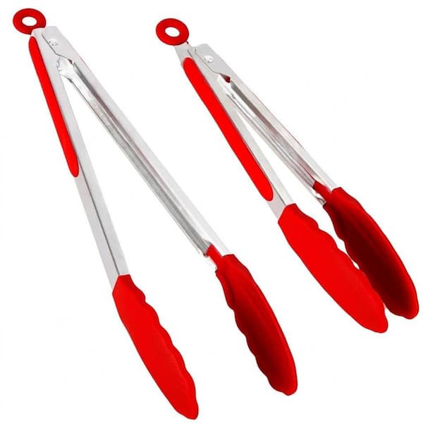Stainless Steel Red Silicone Heat-Resistant Cooking Tongs Non-Slip Handle Non-Scratch Tips 2-Piece Set