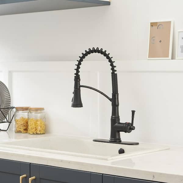 Single-Handle Pull-Down Sprayer 3 Spray High Arc Kitchen Faucet With Deck Plate in Matte Black